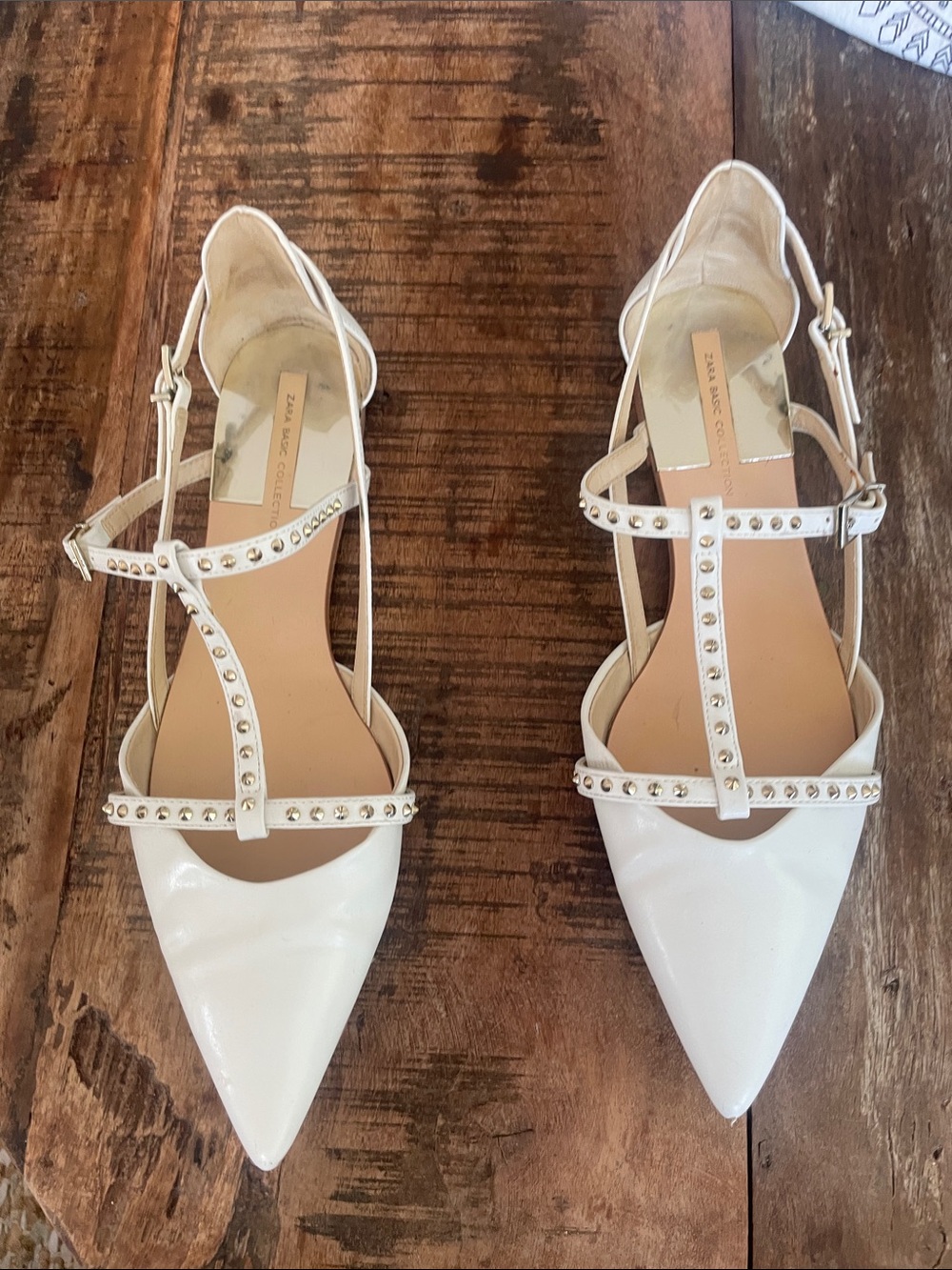 Zara White Pointed T-Strap Flats with Gold Stud Detail